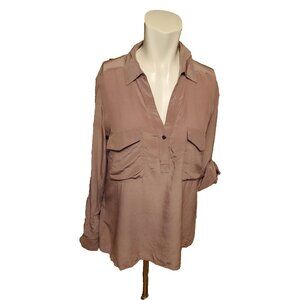 Eileen Fisher Silk Crepe Shirt Satin Collared Blouse Two Pocket Lavender Sz XS/S